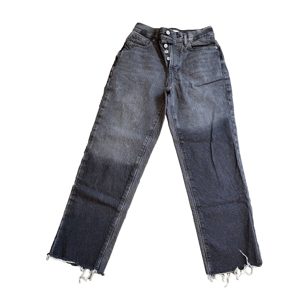 PACSUN High Rise Straight Leg Jeans Womens 23 Faded Black Gray Raw Hem Grunge